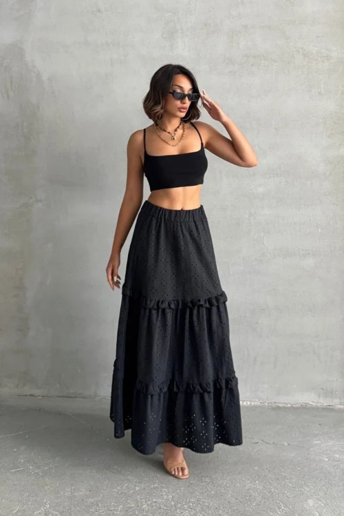 Siyah Dokuma Güpürlü Astarlı Fırfırlı Etek BCHN-25255047