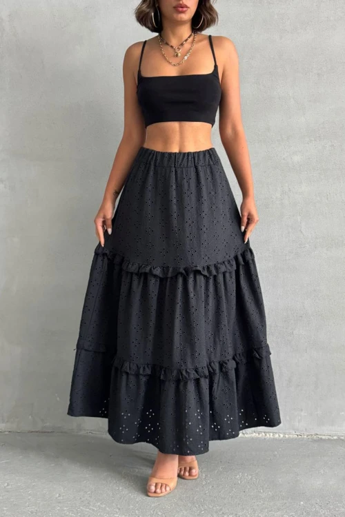 Siyah Dokuma Güpürlü Astarlı Fırfırlı Etek BCHN-25255047