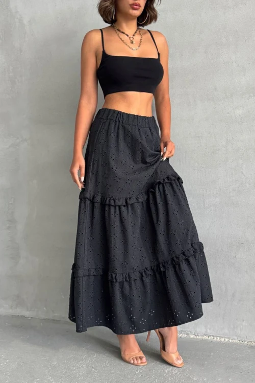 Siyah Dokuma Güpürlü Astarlı Fırfırlı Etek BCHN-25255047