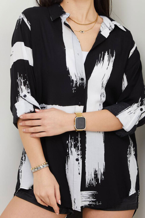 Siyah-Ekru Desenli Pamuk Dokuma Gömlek BCAYN-254006