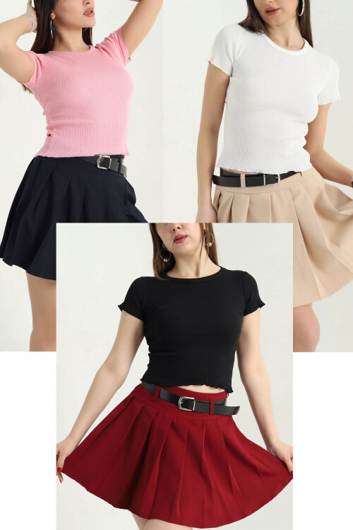 Siyah-Ekru-Pembe 3 Lü Paket Bebe Overloklu Crop Bluz BCOR-252003