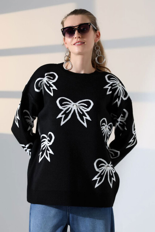 Siyah Fiyonk Desenli Triko Kazak BCES-252045