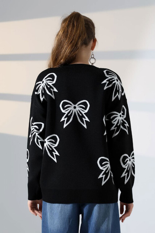 Siyah Fiyonk Desenli Triko Kazak BCES-252045