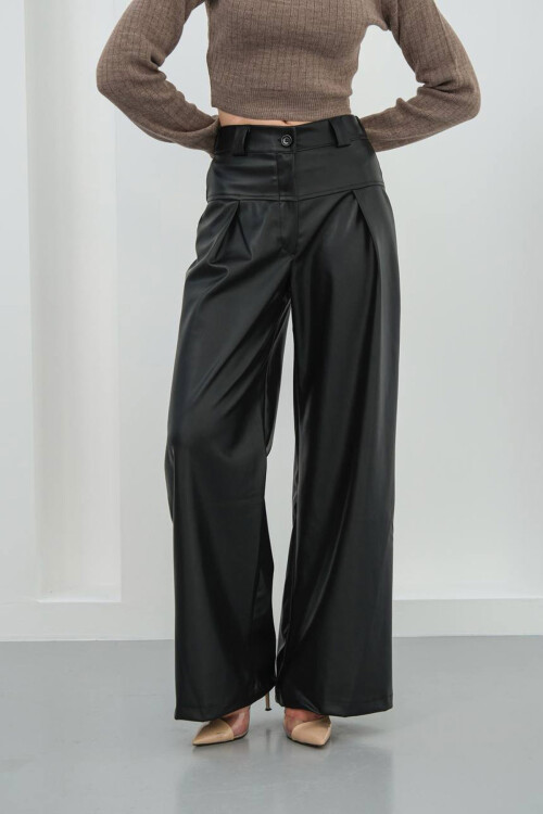 Siyah Geniş Paça Suni Deri Pantolon BCHN-25263644