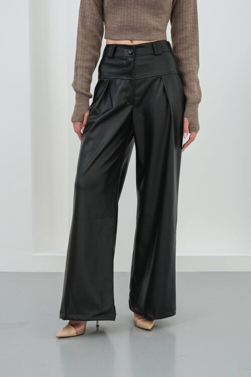 Siyah Geniş Paça Suni Deri Pantolon BCHN-25263644