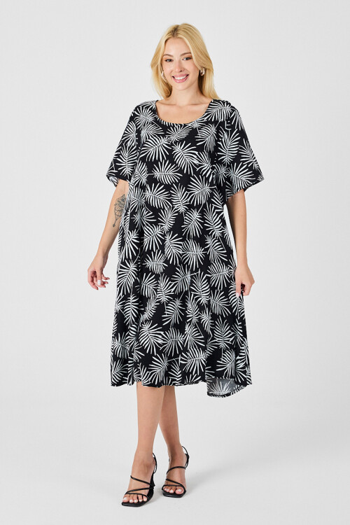 Siyah Geniş Yaka Desenli Midi Boy Elbise BCVL-254009