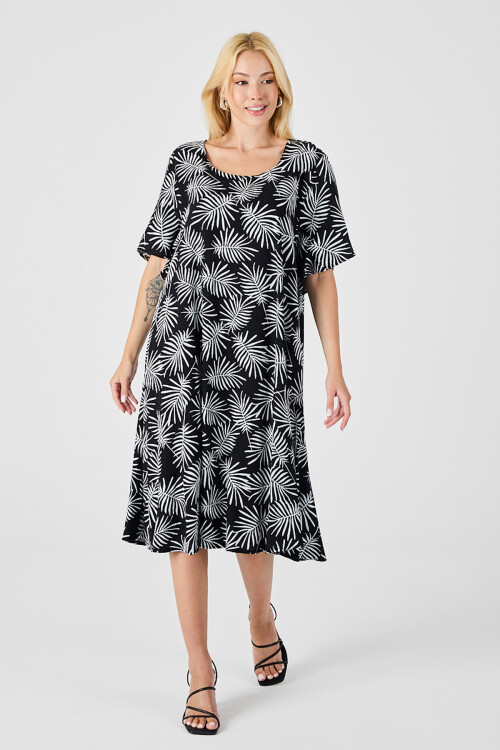 Siyah Geniş Yaka Desenli Midi Boy Elbise BCVL-254009