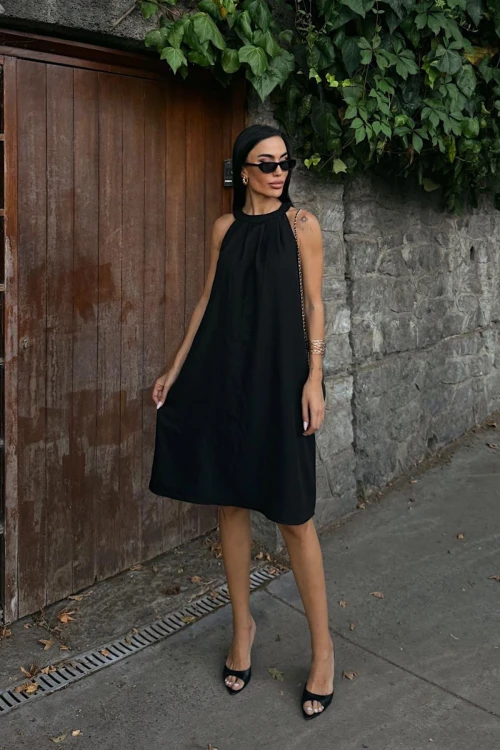 Siyah Gizli Cepli Yazlık Keten Dokuma Elbise BCDF-25255029