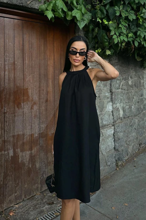 Siyah Gizli Cepli Yazlık Keten Dokuma Elbise BCDF-25255029