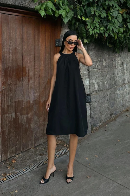 Siyah Gizli Cepli Yazlık Keten Dokuma Elbise BCDF-25255029
