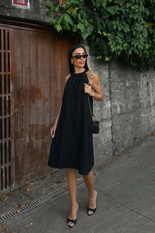 Siyah Gizli Cepli Yazlık Keten Dokuma Elbise BCDF-25255029