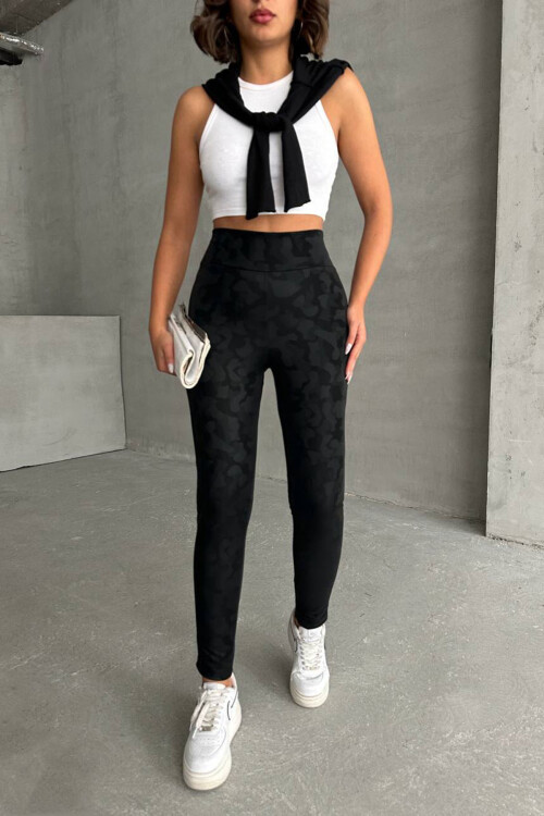 Siyah Kamuflaj Desenli Tayt BCHN-2526638