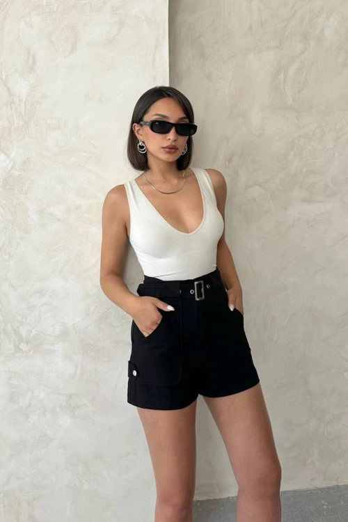 Siyah Kendinden Kemerli Cepli Gabardin Yazlık Şort BCHN-2525289