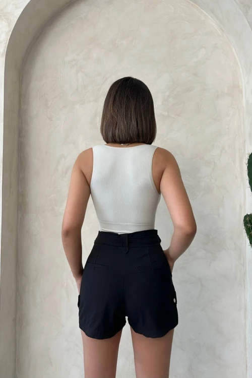 Siyah Kendinden Kemerli Cepli Gabardin Yazlık Şort BCHN-2525289