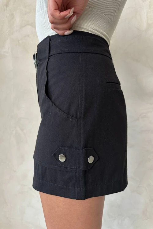 Siyah Kendinden Kemerli Cepli Gabardin Yazlık Şort BCHN-2525289