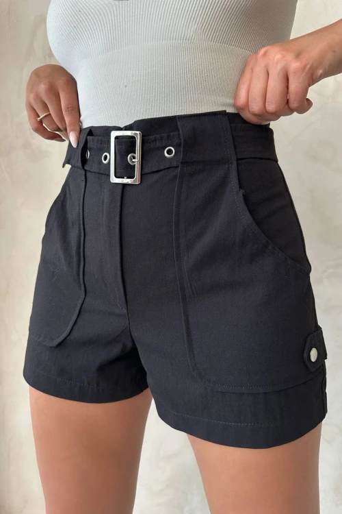 Siyah Kendinden Kemerli Cepli Gabardin Yazlık Şort BCHN-2525289