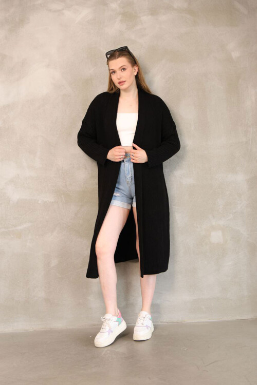 Siyah Maxi Boy Triko Hırka BCES-252037