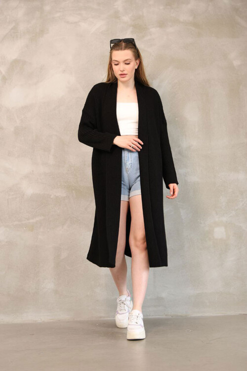 Siyah Maxi Boy Triko Hırka BCES-252037