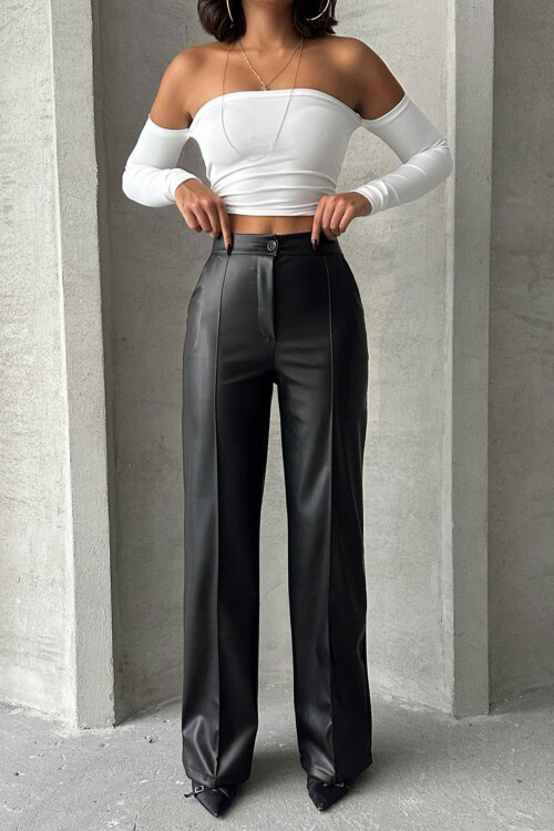 Siyah Önü Dikiş Detaylı Suni Deri Palazzo Pantolon BCHN-2526654