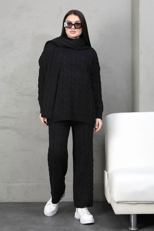 Siyah Örgü Motifli Kazak Hırka Ve Pantolon 3 Lü Triko Takım BCES-252031