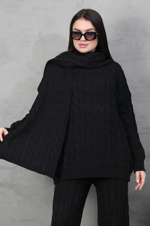 Siyah Örgü Motifli Kazak Hırka Ve Pantolon 3 Lü Triko Takım BCES-252031