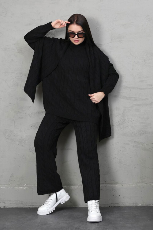 Siyah Örgü Motifli Kazak Hırka Ve Pantolon 3 Lü Triko Takım BCES-252031