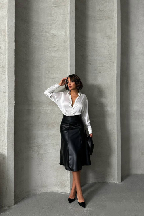 Siyah Parçalı Yüksek Bel Midi Boy Suni Deri Etek BCHN-2526441