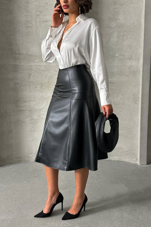 Siyah Parçalı Yüksek Bel Midi Boy Suni Deri Etek BCHN-2526441