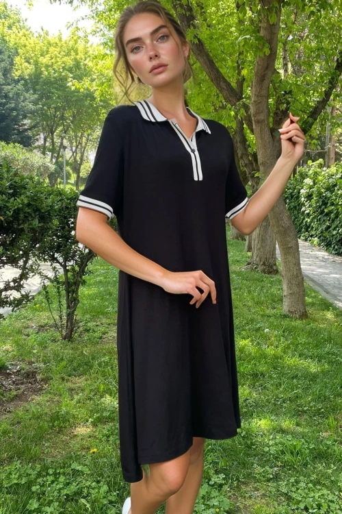 Siyah Polo Yaka Ribana Şeritli Rahat Kalıp Viscon Elbise BCVL-2530001