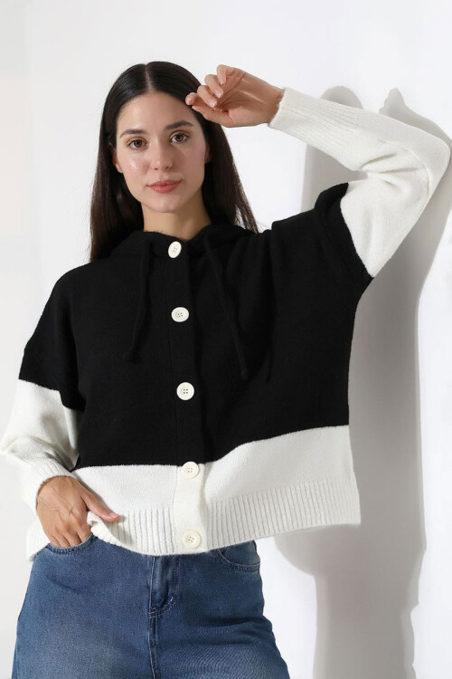 Siyah Renk Bloklu Kapüşonlu Düğmeli Triko Hırka BCES-252017