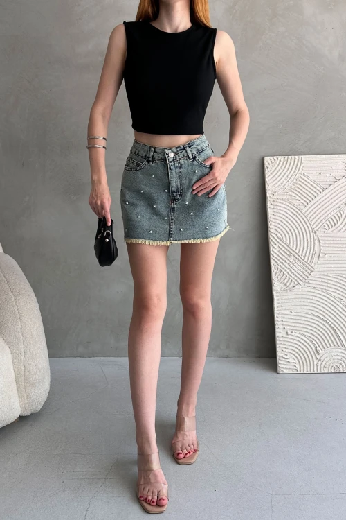 Siyah Sırtı Kemer Detaylı Kaşkorse Crop Bluz