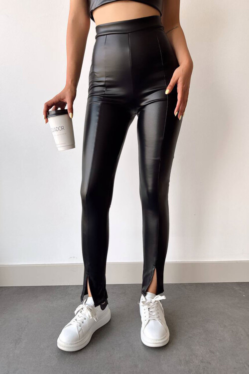 Siyah Yırtmaçlı Suni Deri Stretch Fit Tayt BCHN-2526630