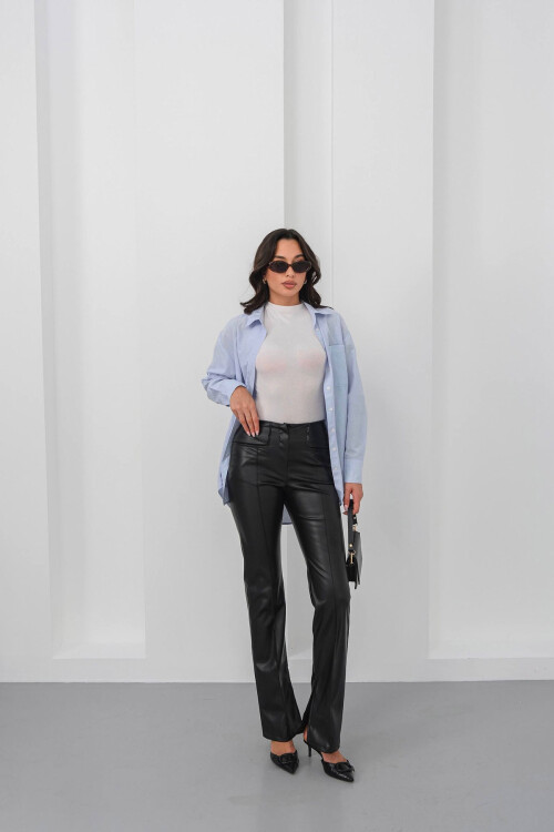 Siyah Yüksek Bel Yırtmaçlı Suni Deri Pantolon BCHN-25265099