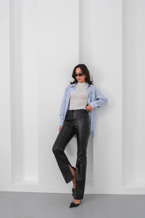Siyah Yüksek Bel Yırtmaçlı Suni Deri Pantolon BCHN-25265099