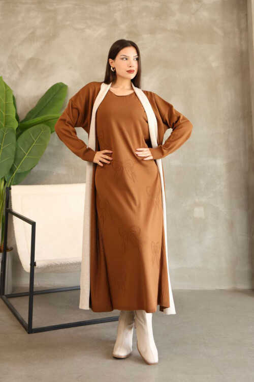 Tarçın Kahve Bisiklet Yaka Triko Elbise BCES-252024