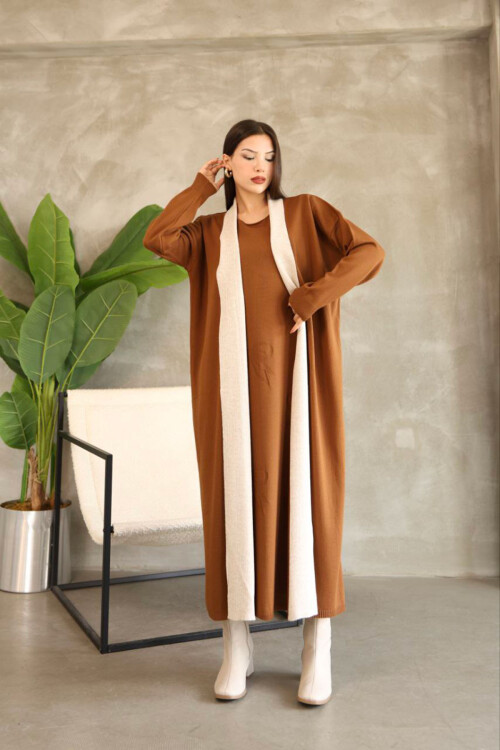 Tarçın Kahve Bisiklet Yaka Triko Elbise BCES-252024