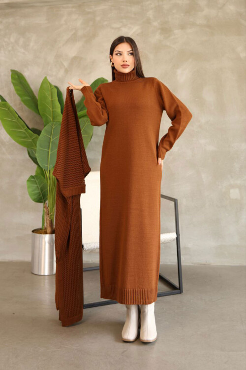 Tarçın Kahve Boğazlı Uzun Kol Triko Elbise Ve Uzun Hırka Tesettür Alt Üst Triko Takım BCES-252039