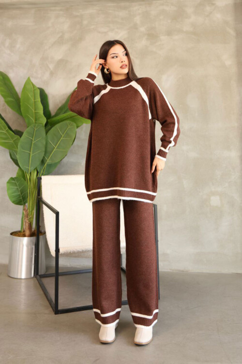 Tarçın Kahve Çizgi Detaylı Bisiklet Yaka Tunik Ve Geniş Paça Triko Alt Üst Takım BCES-252030