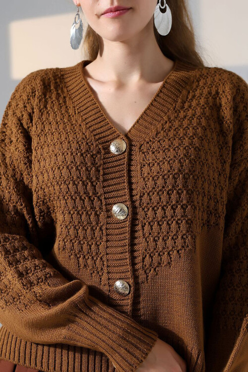 Tarçın Kahve Motif Desenli Düğmeli Triko Hırka BCES-252027