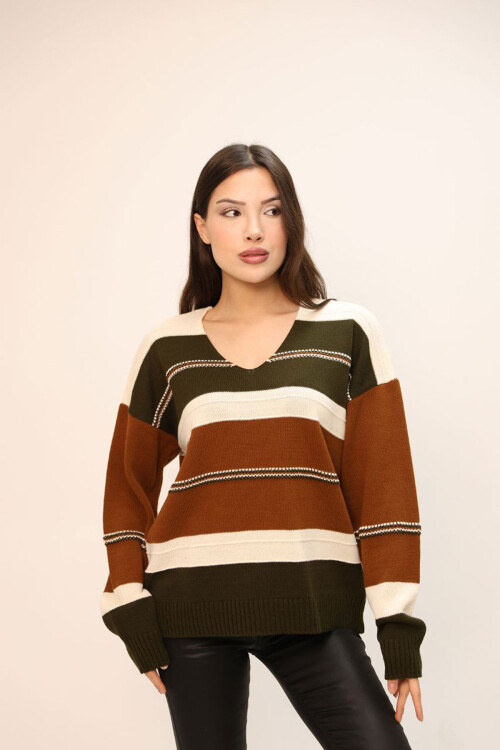 Tarçın Kahve V Yaka Çizgi Bloklu Triko Kazak BCES-252018