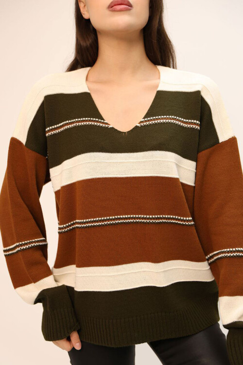 Tarçın Kahve V Yaka Çizgi Bloklu Triko Kazak BCES-252018