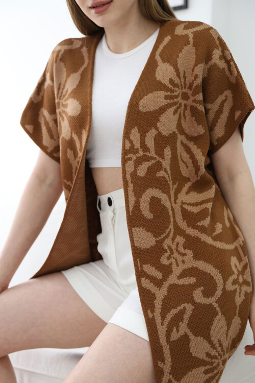 Tarçın Kahve Yarım Kol Desenli Triko Hırka BCES-252007