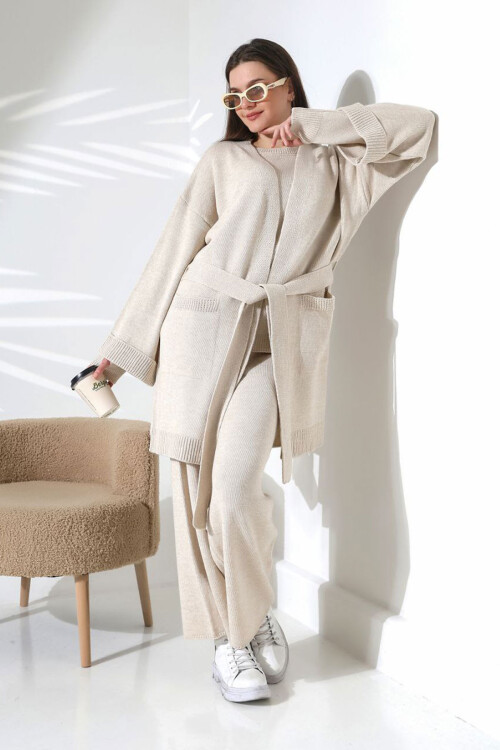 Taş Bisiklet Yaka Bluz, Hırka Ve Pantolon 3 Lü Triko Takım BCES-252041