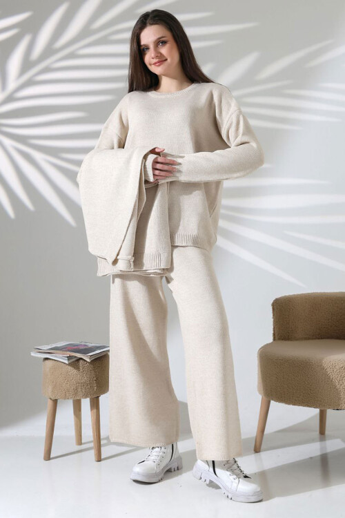 Taş Bisiklet Yaka Bluz, Hırka Ve Pantolon 3 Lü Triko Takım BCES-252041