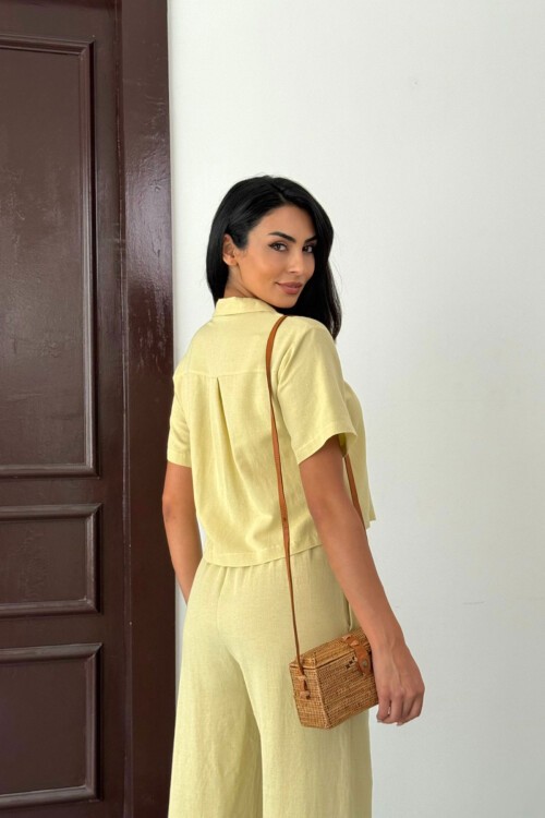 Tereyağ Sarısı Beli Lastikli Pantolon Ve Kısa Kol Gömlek Pamuk Keten Alt Üst Takım