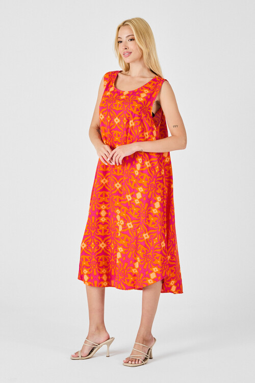 Turuncu Asimetrik Kesim U Yaka Desenli Elbise BCVL-254018