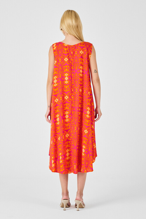 Turuncu Asimetrik Kesim U Yaka Desenli Elbise BCVL-254018