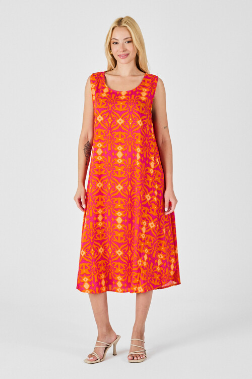 Turuncu Asimetrik Kesim U Yaka Desenli Elbise BCVL-254018