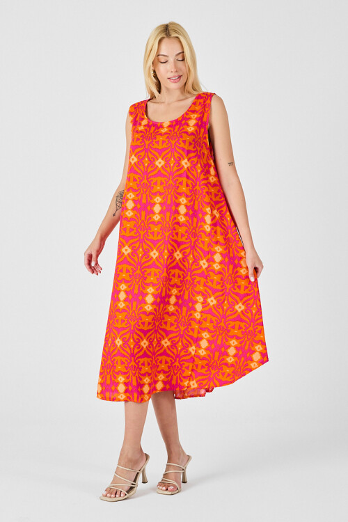 Turuncu Asimetrik Kesim U Yaka Desenli Elbise BCVL-254018