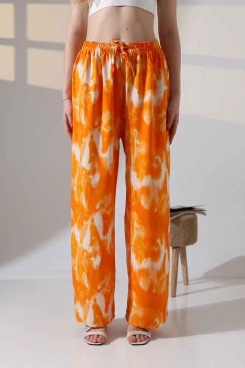 Turuncu Batik Desenli Viscon Yazlık Dokuma Pantolon BCBT-251008